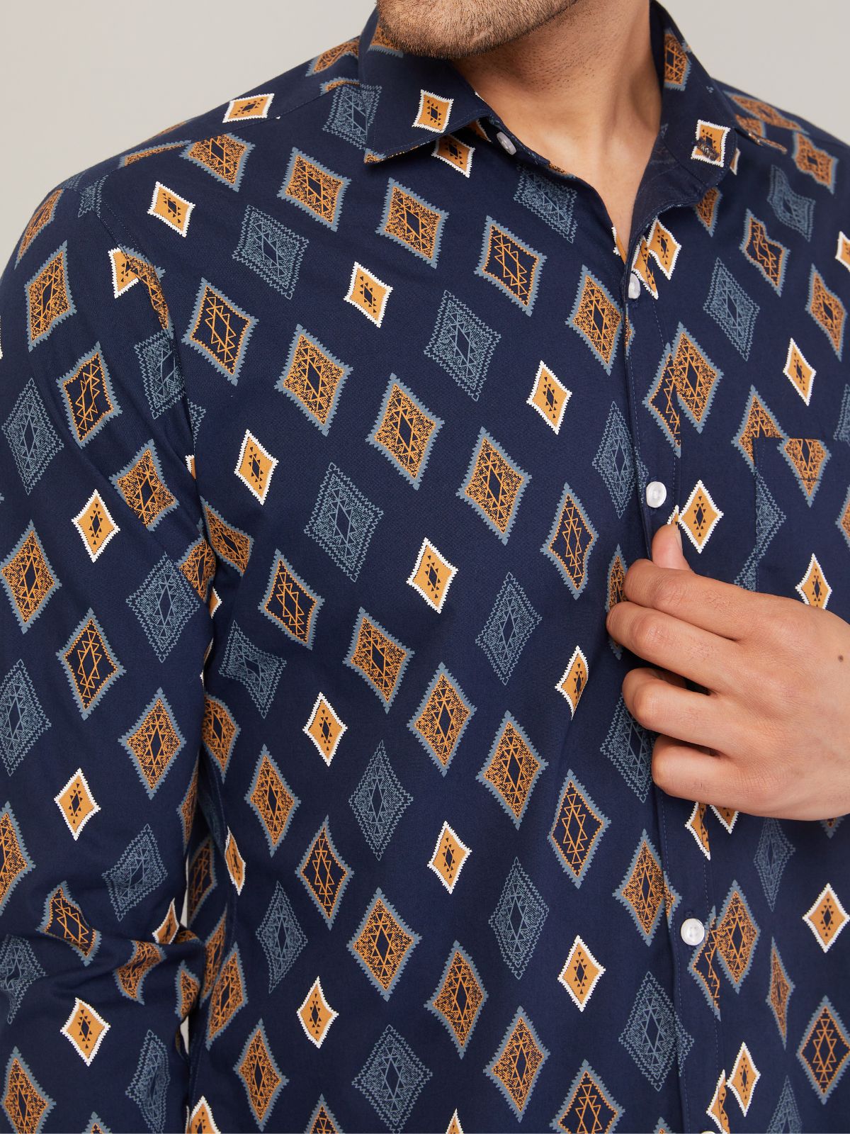 Louis Monarch Men Regular Fit Block Printed Blue Spread Collar Casual Shirt